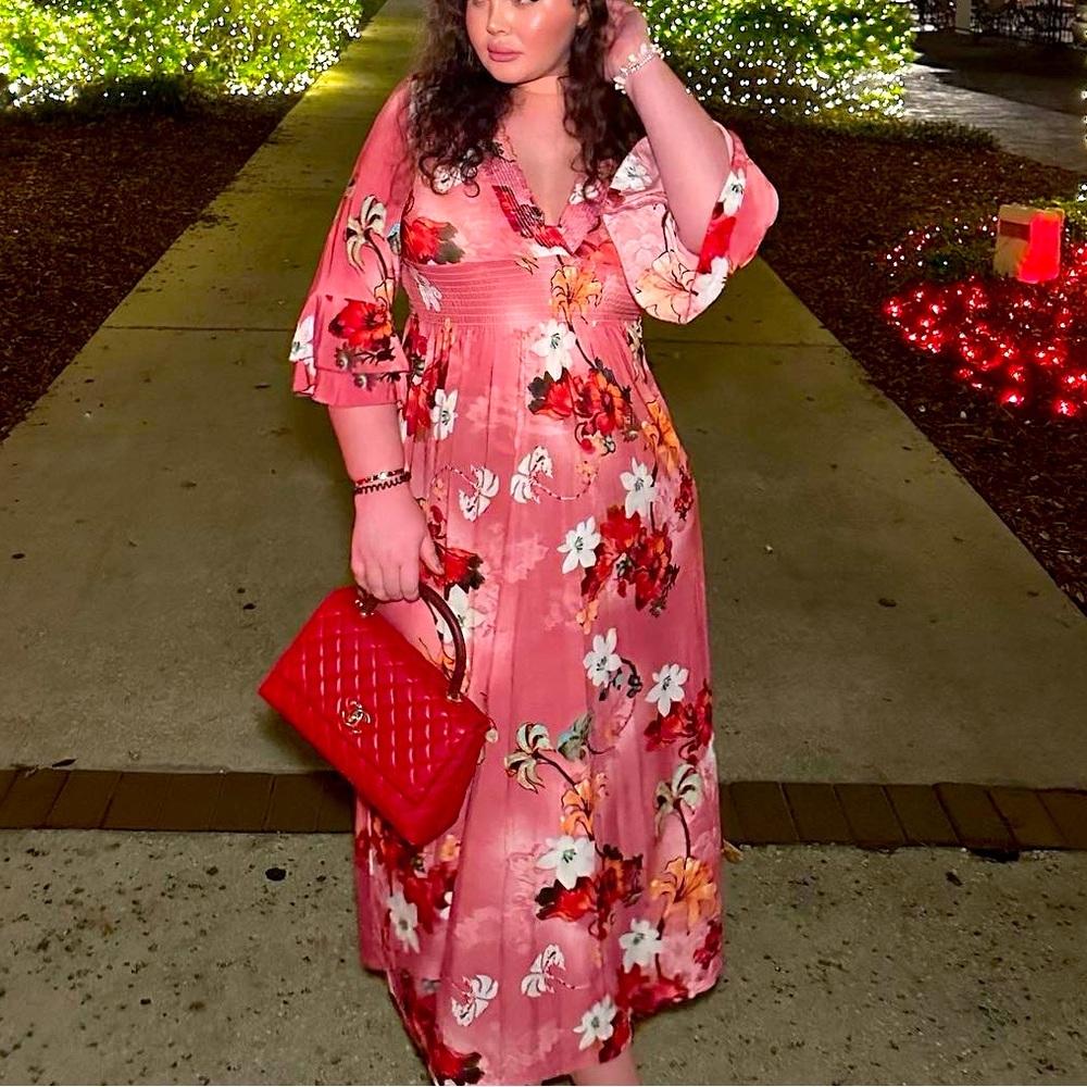 Floral V-Neck Pink Maxi Dress